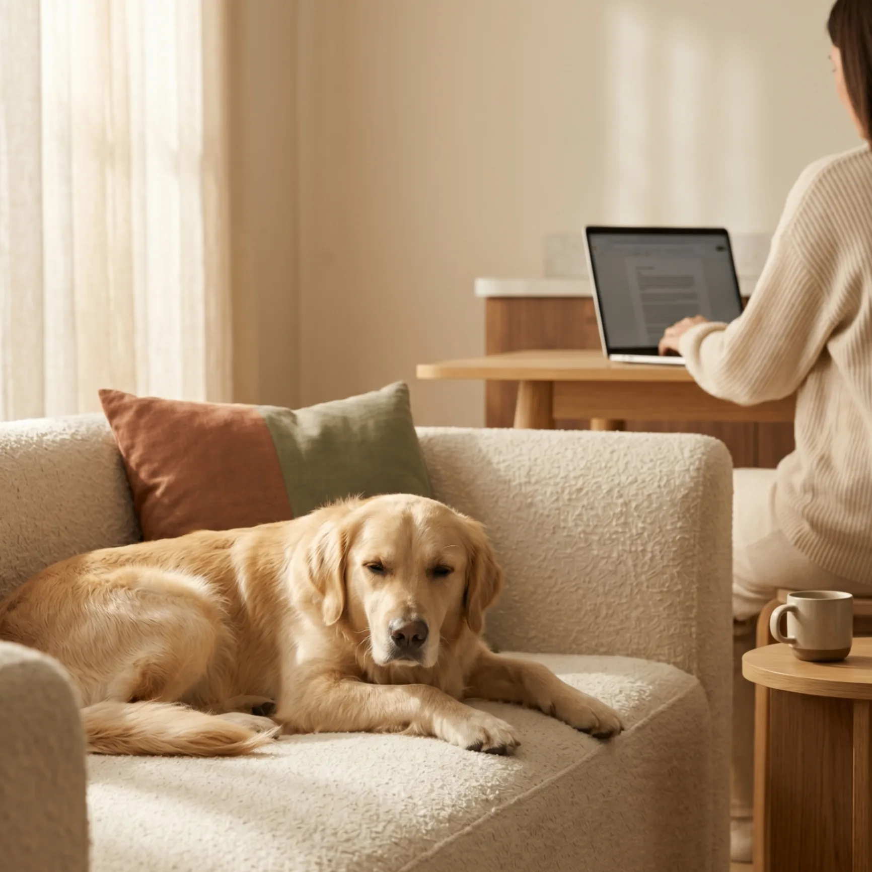 Golden Retriever rust op fauteuil terwijl eigenaar op laptop werkt